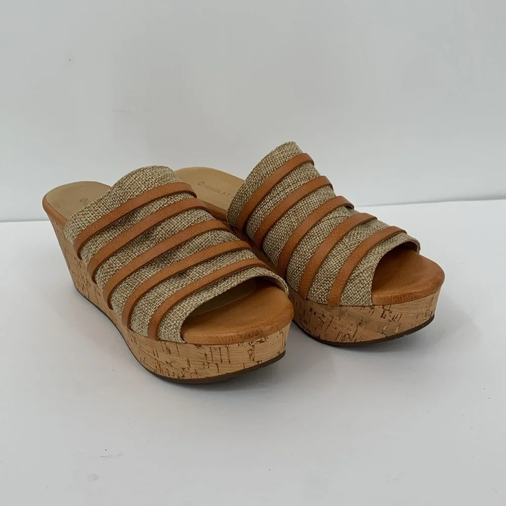 Chocolat Blu Wapi slide wedge platform sandals cork tan shoe clog brown strap 7